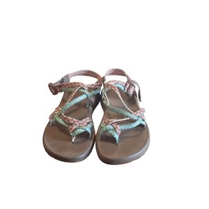 Chaco Women's Brown Sandals with Mint Green and Coral Straps
